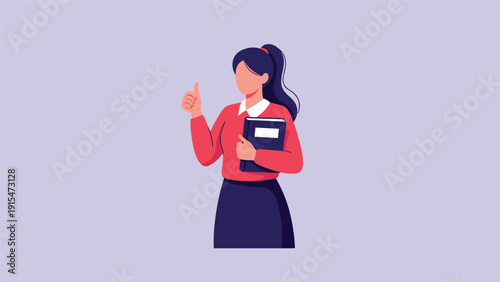Confident young woman in business attire holds a book or folder, giving a positive thumbs-up gesture, symbolizing success, approval, and encouragement.