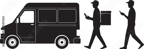 Courier Delivery Service Silhouette Van and Customer Parcel Handover Vector