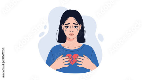 Sad young woman with tears streaming down her face, clutching a broken heart over her chest, deeply symbolizing heartbreak, emotional pain, and grief.