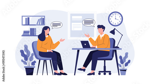 Professional business meeting or job interview taking place in a modern office, with a man and woman discussing ideas and exchanging information with speech bubbles.