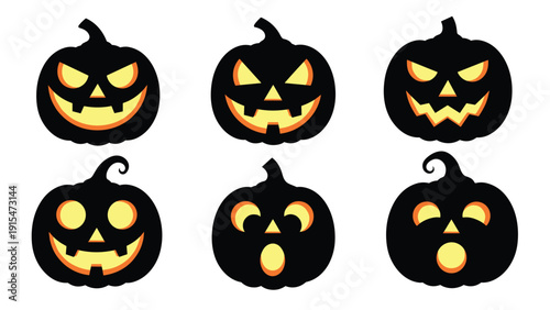 Collection of six spooky black pumpkin silhouettes with glowing, carved faces, displaying various expressive and eerie Halloween Jack-o'-lantern emotions.