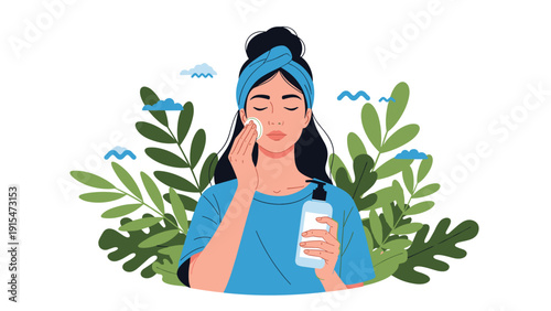 Young woman with a towel on her head, gently applying toner or cleanser to her face with a cotton pad, surrounded by lush green leaves, signifying natural skincare.