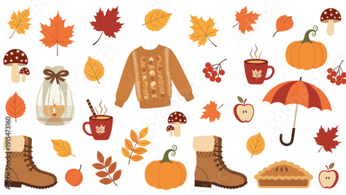 Extensive collection of diverse autumn and fall themed elements, including a cozy sweater, boots, umbrella, pumpkins, apple pie, and colorful leaves.