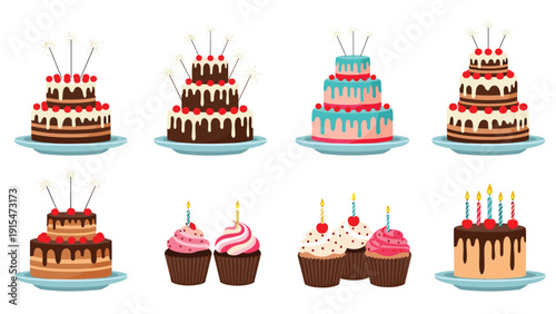 Diverse collection of festive birthday cakes and charming cupcakes, adorned with lit candles and sparkling sparklers, ready for a joyful celebration.