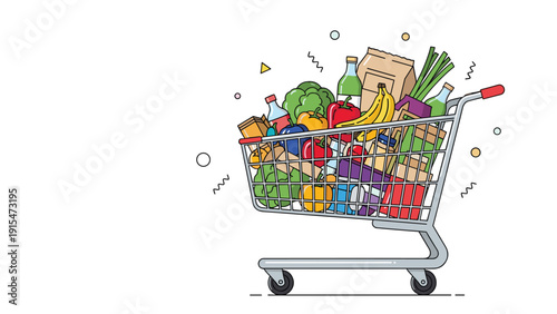 Fully loaded shopping cart brimming with diverse groceries, including fresh produce, packaged goods, and beverages, against an abstract white background.
