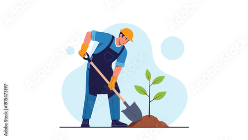 Dedicated man in work clothes and a hard hat, diligently digging with a shovel to plant a small tree seedling, symbolizing environmental care and growth.