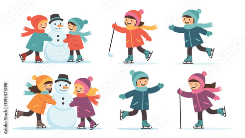 Collection of six cheerful cartoon children in warm winter clothes, happily playing in the snow, building snowmen, and enjoying ice skating activities.