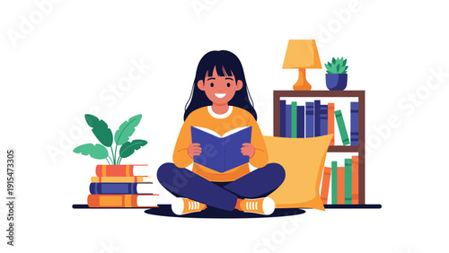 Young woman sits comfortably cross-legged, engrossed in reading a book, surrounded by shelves of books and a green plant.
