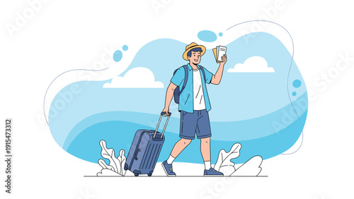 Young man with a backpack and a suitcase holds travel tickets, eagerly walking towards his destination with a joyful expression under a blue sky.