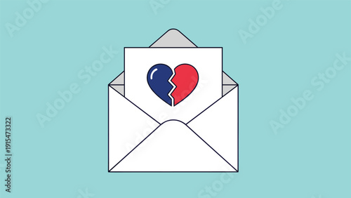 Open envelope revealing a broken heart, half red and half blue, symbolizing heartbreak, separation, or a difficult message.