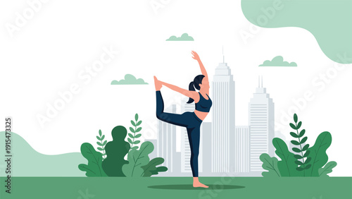 Woman in sportswear gracefully performs a dancer's yoga pose outdoors, with city buildings and lush green plants in the background, promoting wellness.