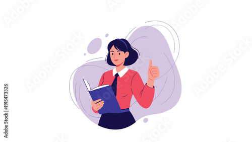 Professional woman in smart attire holds an open book and gives a thumbs-up gesture, symbolizing success and approval.