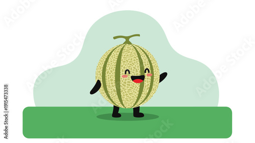 Cheerful cartoon cantaloupe melon with a happy face, arms, and legs, happily waving on a green background, symbolizing freshness.