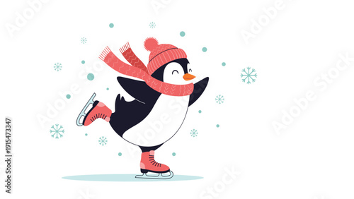 Adorable cartoon penguin joyfully ice skating, dressed in a cozy hat and scarf, amidst falling snowflakes, capturing winter fun.