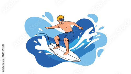 Dynamic illustration of a man skillfully surfing on a surfboard, surrounded by powerful blue water splashes, embodying an active lifestyle.