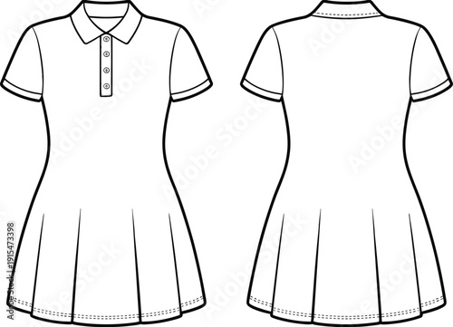 Women polo dress technical drawing, front and back view apparel template, fashion garment outline vector illustration for clothing design, tailoring and production use