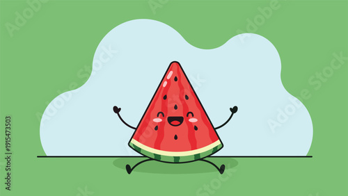 Cheerful cartoon watermelon slice with a happy face and expressive arms and legs, sitting playfully with arms raised on a green background.