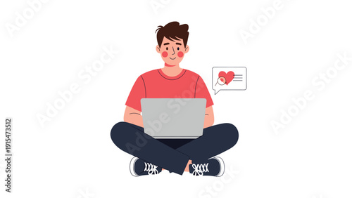 Young man sits comfortably cross-legged, engrossed in his laptop, with a heart in a speech bubble, suggesting online dating or social media interaction.