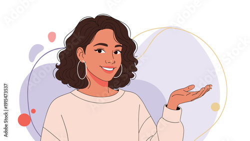 Cheerful young woman with curly dark hair, wearing large hoop earrings and a light-colored top, smiles and gestures with an open hand, against abstract purple and pink shapes.