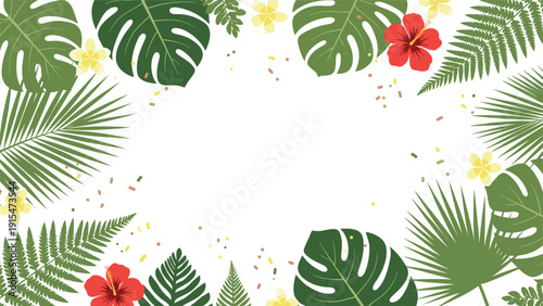 Vibrant tropical frame design showcasing a lush assortment of green palm leaves, including monstera and fern, interspersed with bright red and yellow hibiscus flowers.