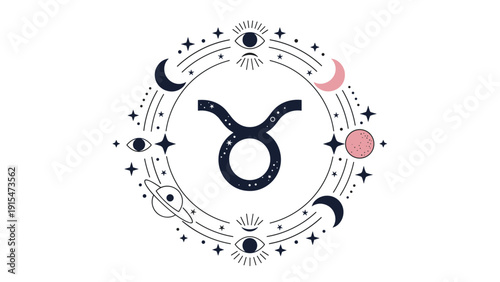 Mystical Taurus zodiac sign icon, elegantly encircled by a cosmic frame of celestial elements including moons, stars, planets, and all-seeing eyes.