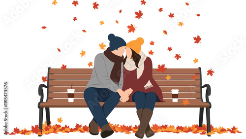Affectionate couple in warm autumn attire, sits closely on a park bench, holding hands, surrounded by vibrant fallen autumn leaves and coffee cups.