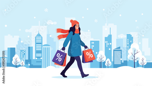 Joyful young woman in warm winter attire, carrying shopping bags adorned with percentage signs, walks happily through a snowy city landscape.