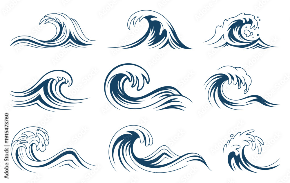 Fototapeta premium Ocean Wave Set Navy Blue Vector Illustration