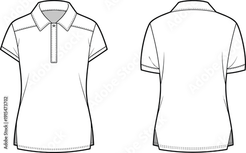 Women polo t shirt technical drawing, front and back view apparel template, casual clothing garment outline vector illustration for fashion design