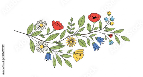 Colorful Wildflowers and Leaves Embroidered.