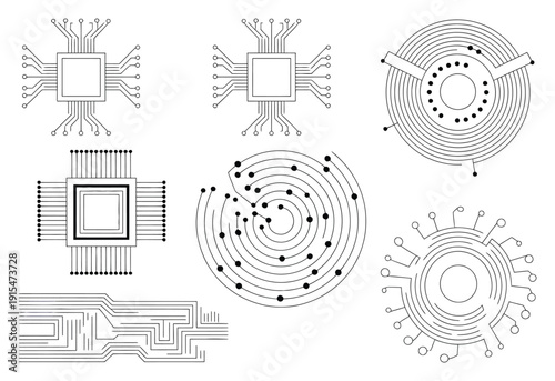 Microchip Circuit Board Line Art Vector Illustration