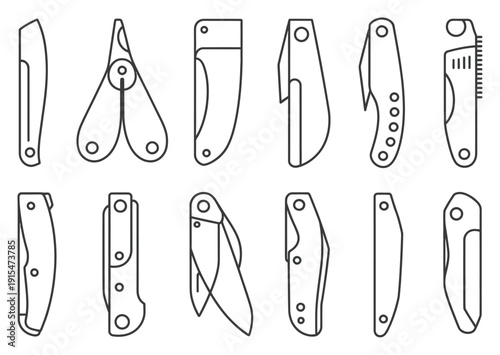 Pocket Knife Icons Set Black Outline Vector Illustration