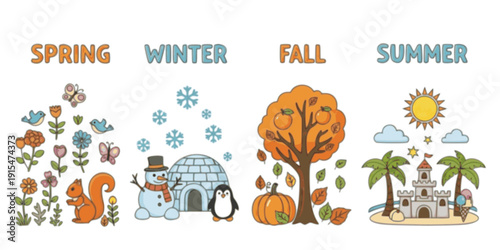 Four seasons illustration set. Spring summer fall winter vector icons. Cute educational seasonal elements for kids learning posters and prints.
