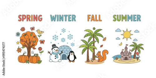 Four seasons illustration set. Spring summer fall winter vector icons. Cute educational seasonal elements for kids learning posters and prints.
