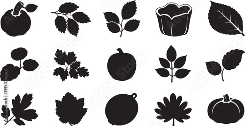 Black silhouettes of various fruits and leaves on white