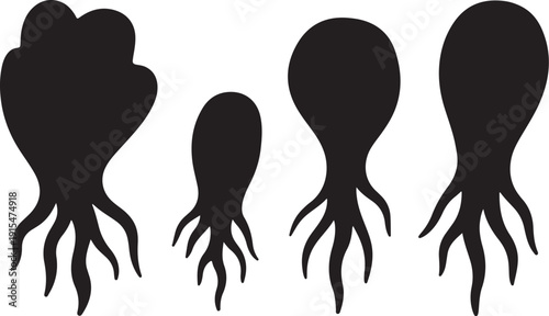 Black Silhouettes of Various Cephalopod Creatures on White Background