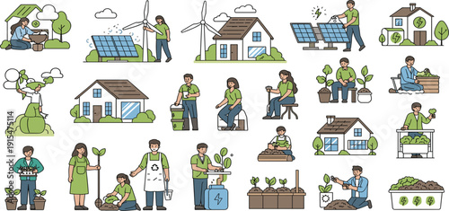 Flat vector illustration set of people using solar panels wind turbines and urban gardening for sustainable green energy home.