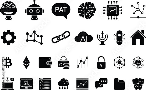 AI and Fintech Vector Icon Set for Crypto and Big Data