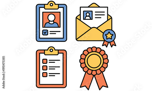 Illustration of identification paperwork and achievement awards displayed digitally