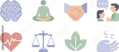 Mental health and well-being icons, brain, meditation, handshake, conversation, heart rate, scales of justice, leaves, sleep