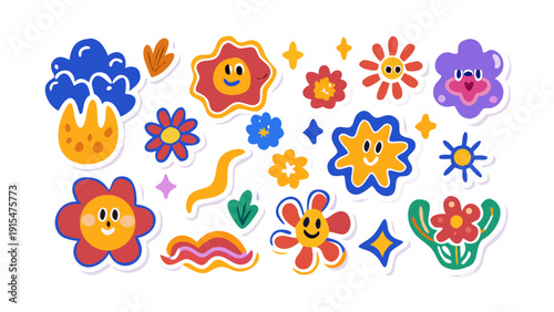 Set of abstract flowers and shapes. Vector sticker pack. Collection of contemporary figure, funny flower, bubble, cloud, loop, wavy and spiral elements. Trendy 70s, 90s 00s groovy cartoon style. .icon