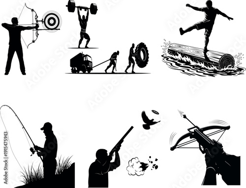 Collection of silhouettes depicting various sports and physical activities in action