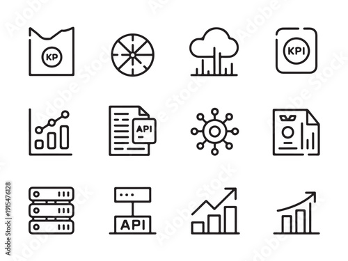 Set of linear icons for data analysis performance metrics visualization cloud computing and application programming interface technology integration