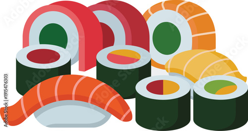 A colorful illustration of various sushi rolls and sashimi pieces