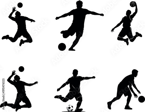 Silhouette illustrations of soccer players in various actions and poses