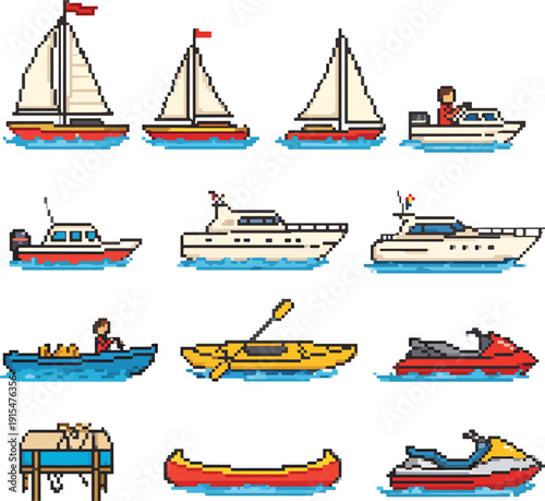 Pixel Art Watercraft Collection with Various Boats and Ships