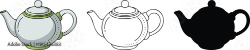 Teapot silhouette & Outline and illustration set isolated on transparent background
