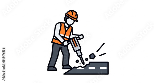 Construction Worker Breaking Concrete with Jackhammer.