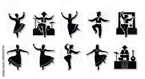 A collection of black silhouette stickers features men and women performing energetic traditional Indian folk dances, including musicians playing drums and instruments.
