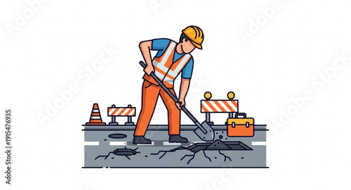 Construction Worker Digging Road Surface.